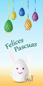 Happy Easter card with traditional Easter symbols, rabbit, painted eggs and Spanish text Felices Pascuas, vector drawing, portrait orientation, vertical design, illustration.