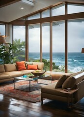 Interior architectural hi-res editorial living room with massive glass windows overlooking the ocean, hurricane outside, torrential rain, detailed, high resolution, photorrealistic