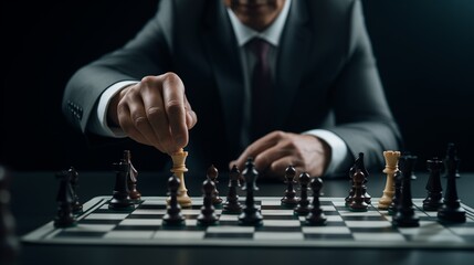 A compelling close-up capturing the hand of a businessman engaged in a chess game, conveying the essence of business strategy and leadership