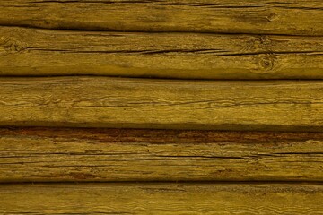 Closeup of old weathered wooden log house wall horizontal.