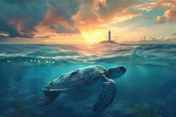 Poster turtle and light house in the sea at sunset   © Maizal