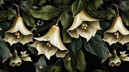 Seamless pattern with white lilies on a black background.