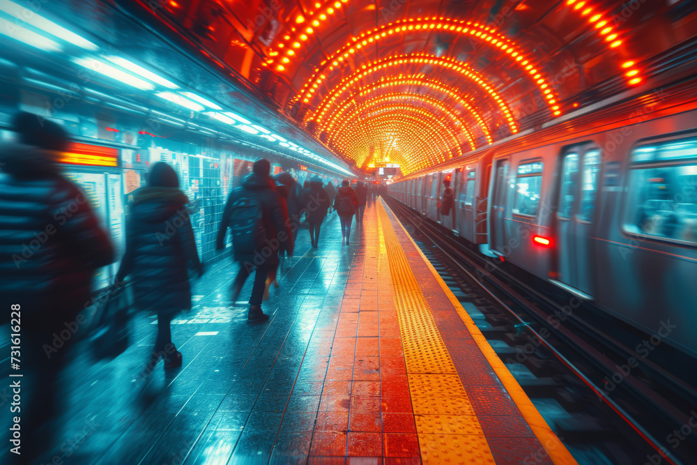 Aufkleber a group of commuters on a train platform, their faces hidden by the blur of motion as they navigate 