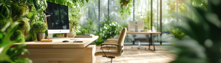 Fototapeta premium Modern office workstation desk in green workspaces
