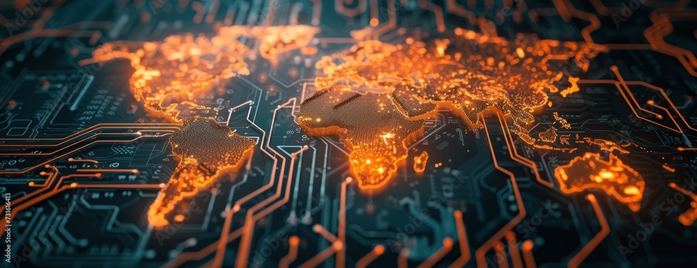 Poster close-up of circuit board with world map