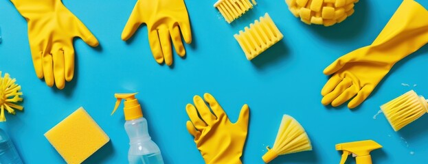 Blue Table With Yellow Gloves and Cleaning Supplies - obrazy, fototapety, plakaty