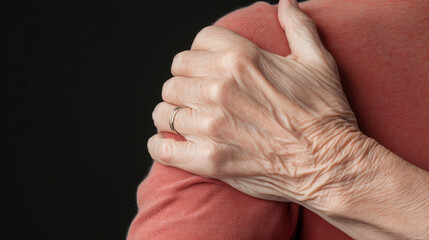 gnarled wrinkled skin of hands and fingers holding on the shoulders of an elderly old woman created with Generative AI Technology