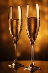 Two glasses of champagne against golden background