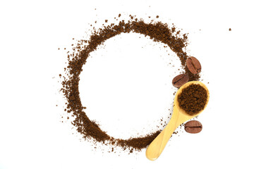 Coffee powder and coffee beans isolated on white background