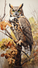 Great horned owl bird with beautiful feathers perched on a branch of tree in wildlife created with Generative AI Technology 