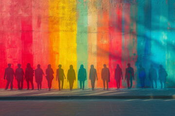 Shadows of people cast on a colorful mural, their faces hidden but their presence contributing to the lively urban art scene. Concept of anonymous contributions to street art. Generative Ai.