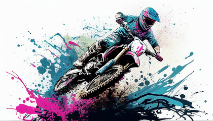 illustration of jumping motocross on white background, splash art
