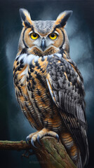 Great horned owl bird with beautiful feathers perched on a branch of tree in wildlife created with Generative AI Technology 