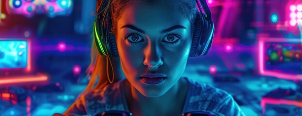 Woman gamer With Headphones Looking at Camera