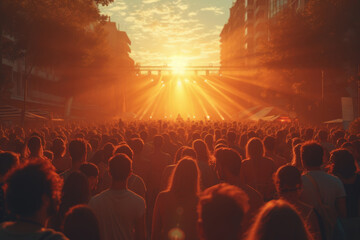 A crowded city square during a festival, capturing the animated atmosphere without revealing...
