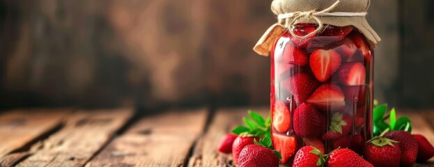 Jar Filled With Strawberries on Wooden Table