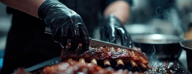 Person Cutting Meat Grill restaurant kitchen With Knife on Table