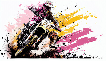 illustration of jumping motocross on white background, splash art