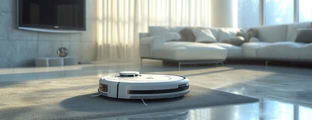 Fototapeta na wymiar Room With Couch and Robot vacuum cleaner on Floor