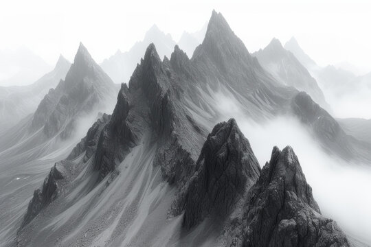 A series of mountain peaks in a monochromatic spectrum of cool grays, conveying the majestic and timeless nature of mountainous landscapes. Concept of monochrome mountain vistas. Generative Ai.