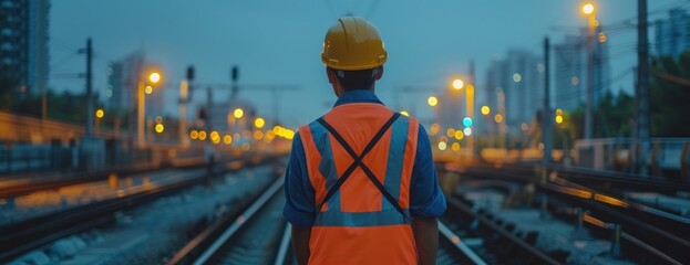 Obraz premium Man engineer under inspection and checking on Train Track