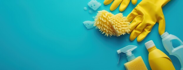Yellow Gloves and Cleaning Supplies on Blue Background - obrazy, fototapety, plakaty