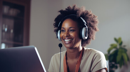 Smiling adult African worker employee using headset and laptop doing online meeting lessons created with Generative AI Technology  - obrazy, fototapety, plakaty