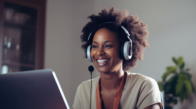 Smiling adult African worker employee using headset and laptop doing online meeting lessons created with Generative AI Technology 