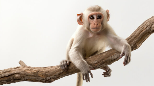 wild baby monkey hanging on a branch isolated on white background 
