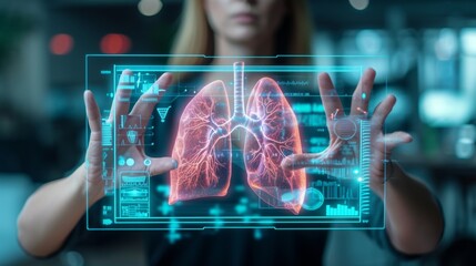 Digital x ray of human lungs holographic scan projection on blurred background with copy space