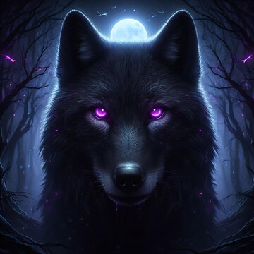 The wolf king is black with luminous purple eyes in night created by generative ai