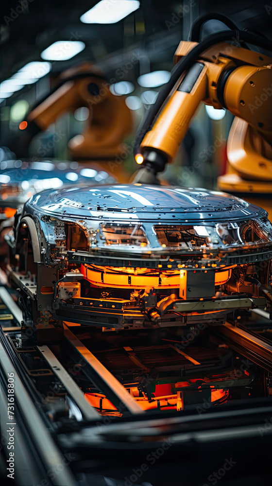 Poster mesmerizing moment as a state-of-the-art car gracefully takes shape on the automated assembly line, 
