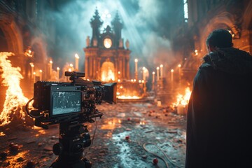Filming scene in a church with candelabras and mystical lighting - obrazy, fototapety, plakaty
