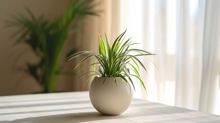 green plant pot on wooden table in a room