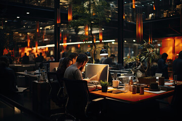 In soft glow of desk lamps and ambient lighting, professionals engage in diligent work at contemporary, plant-adorned co-working space, capturing essence of collaborative productivity after hours - obrazy, fototapety, plakaty
