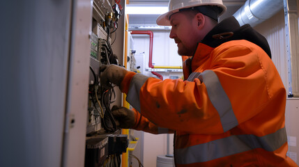 Photo of a worker in high-visibility clothing working on electrical equipment, high quality