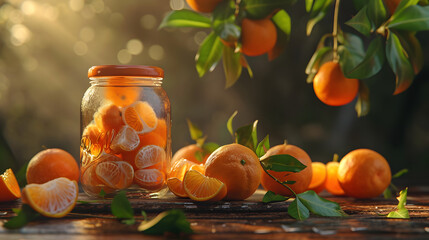 Photo of a jar of preserved oranges alongside fresh oranges