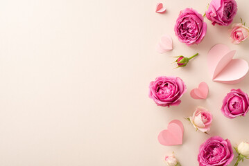 Celebrating March 8th, a charming top view snapshot featuring delicate paper hearts and vibrant...