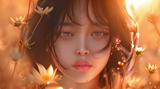 young beautiful anime girl with long black hair in a field of flowers at sunset Generative AI
