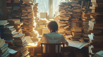 Photo of a person surrounded by towering stacks of books and papers at a desk