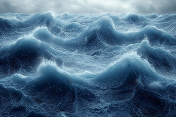 A dramatic shot of a stormy ocean in varying tones of deep navy, conveying the power and...