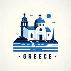 Minimalist illustration of Greek blue and white island church