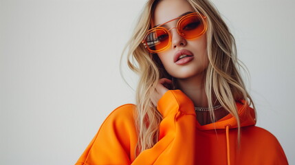 Fashionable woman wearing trendy orange color sunglasses, hoodie posing on white background. Close up studio portrait. Copy, empty space for text