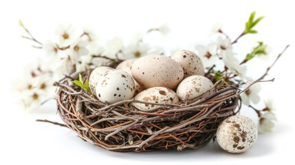 Obraz premium Easter eggs and spring flowers in a nest on a white background