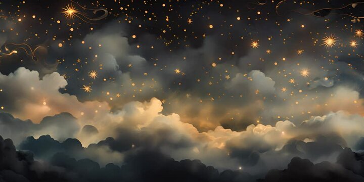 Seamless pattern of the night sky with gold foil constellations stars and clouds watercolor.. 4K video