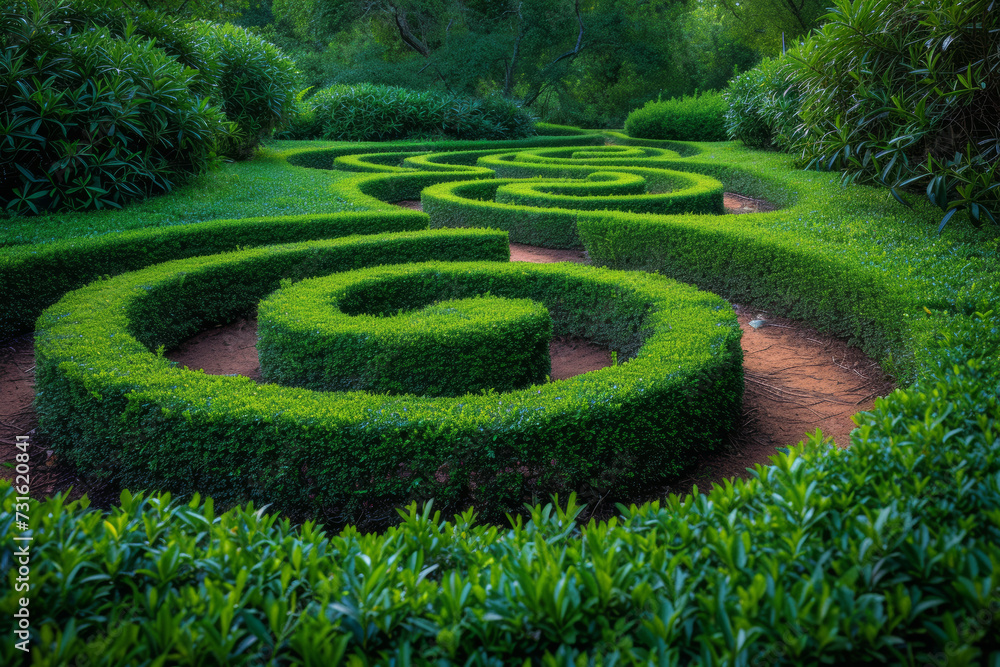 Poster an image of a labyrinthine garden with carefully arranged hedges and pathways, creating a sense of b