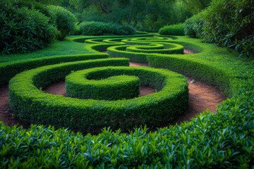 Naklejka premium An image of a labyrinthine garden with carefully arranged hedges and pathways, creating a sense of balance and order within the geometric layout. Concept of balanced garden geometry. Generative Ai.