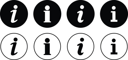 Info icons set. Information black circle vector flat or line collection isolated on transparent background. Info button in different style. Info symbol editable stock for mobile apps and websites.