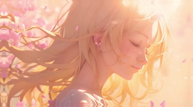 young beautiful anime girl with blonde hair in the sunlight Generative AI