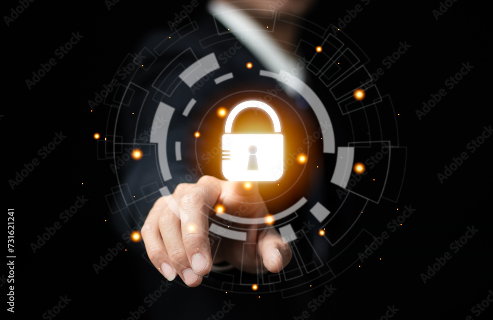 Poster cyber security network. businessman holding padlock shield icon and internet technology networking a
